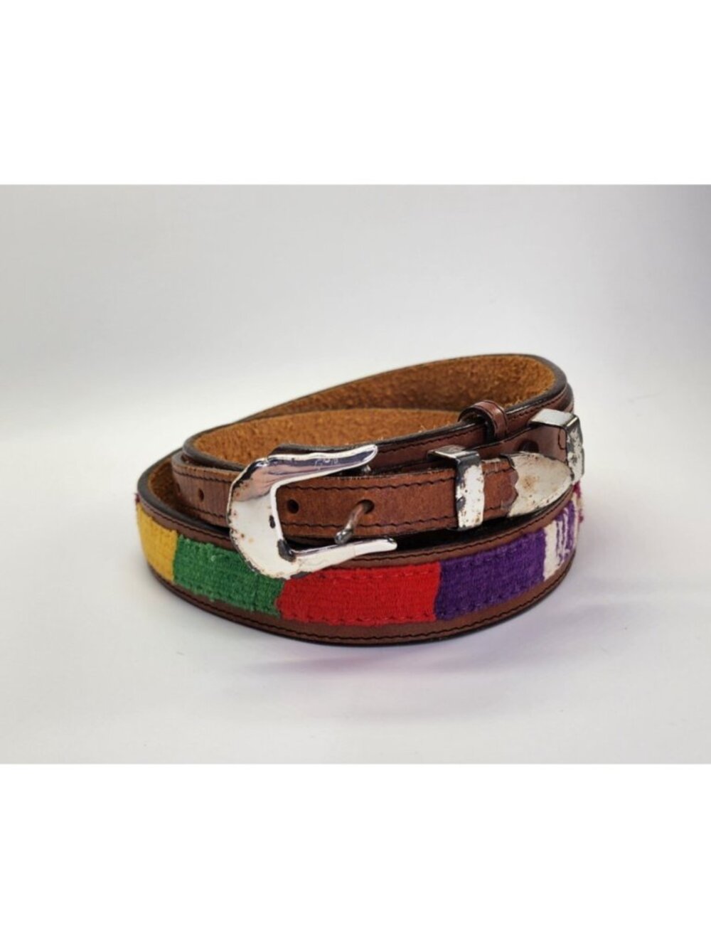 Scotte Wynne Outfitters Mens Brown Leather Belt Size 36 Color Inlay Brass Buckle